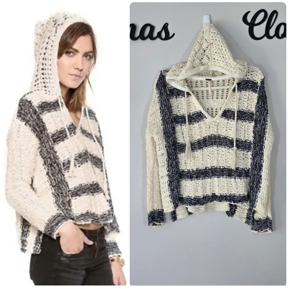 Free People Cream and Black V-Neck Sweater